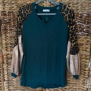 Forest Green Cheetah Print Sequin Patchwork Top